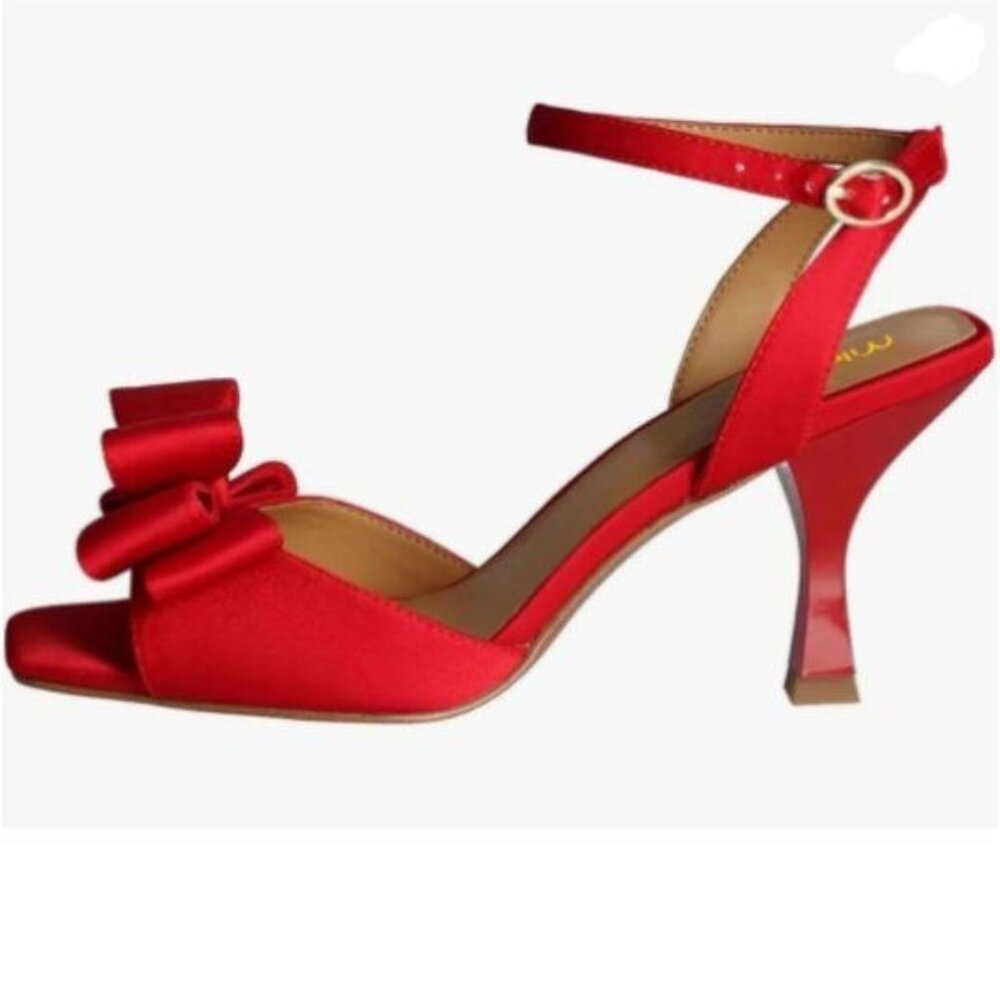 Milooey Red Open Toe Heeled Sandals Cute Bowknots Kitten Heels Ankle Strap Shoes